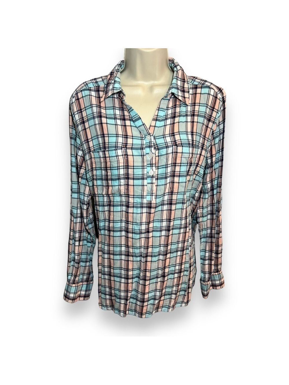 Blue Mountain Women’s Plaid Popover Teal Plaid Size Large